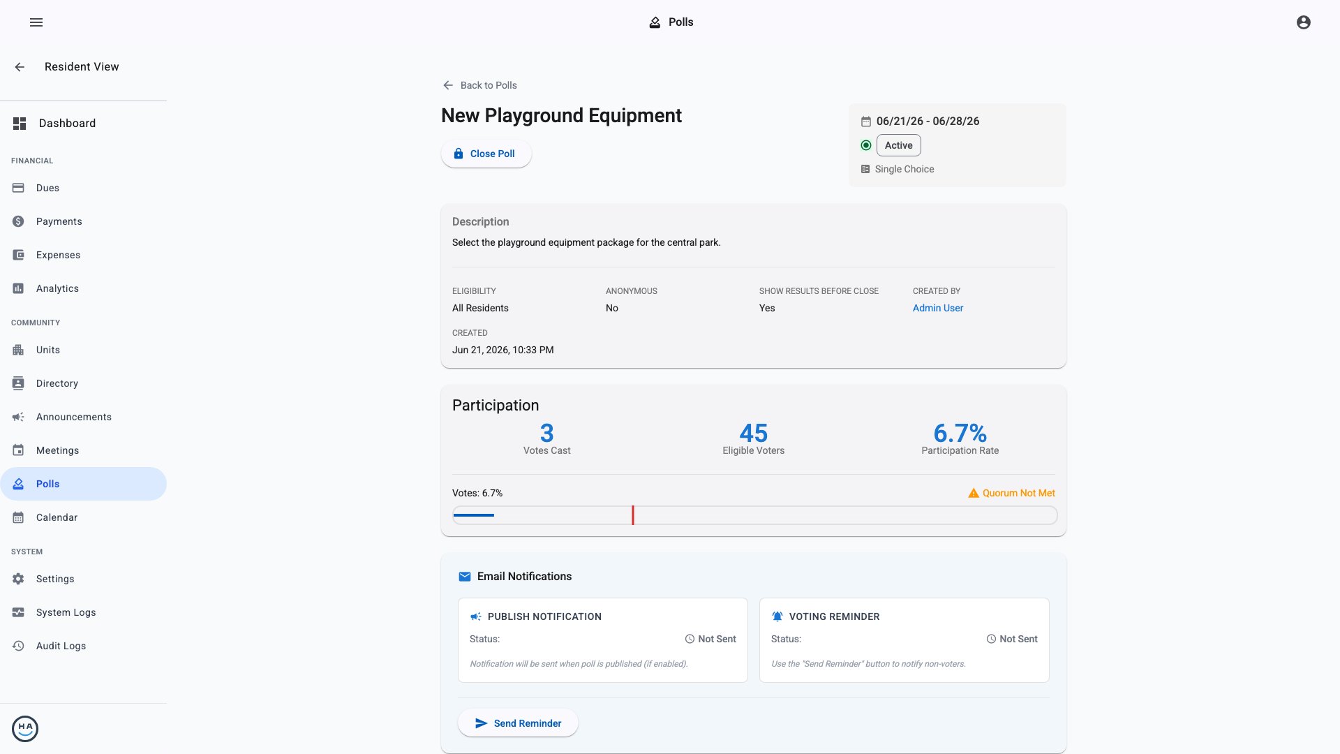 Admin view of an active poll showing live participation and quorum progress