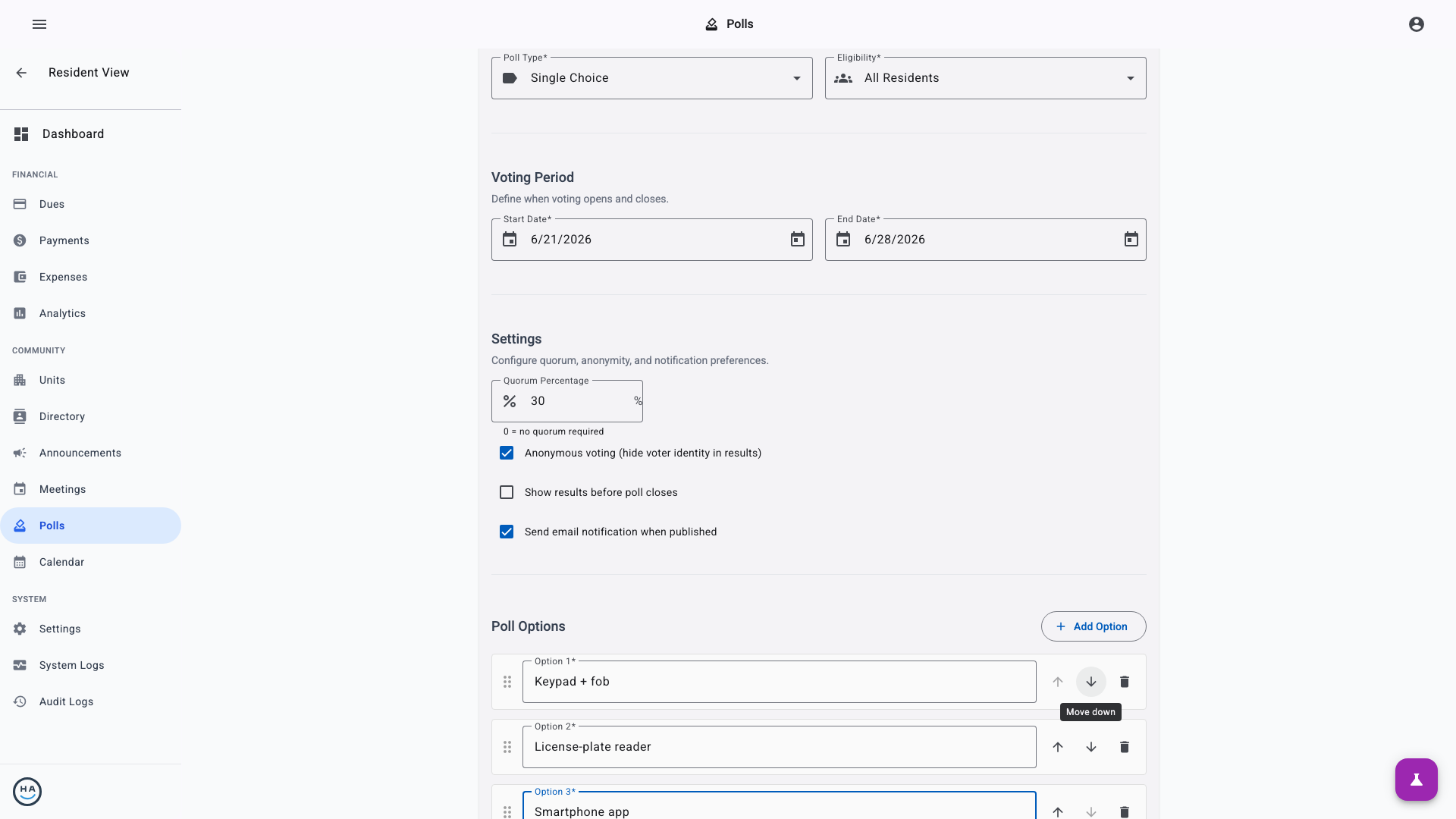 Admin form for creating a new poll with type, options, eligibility, and deadline