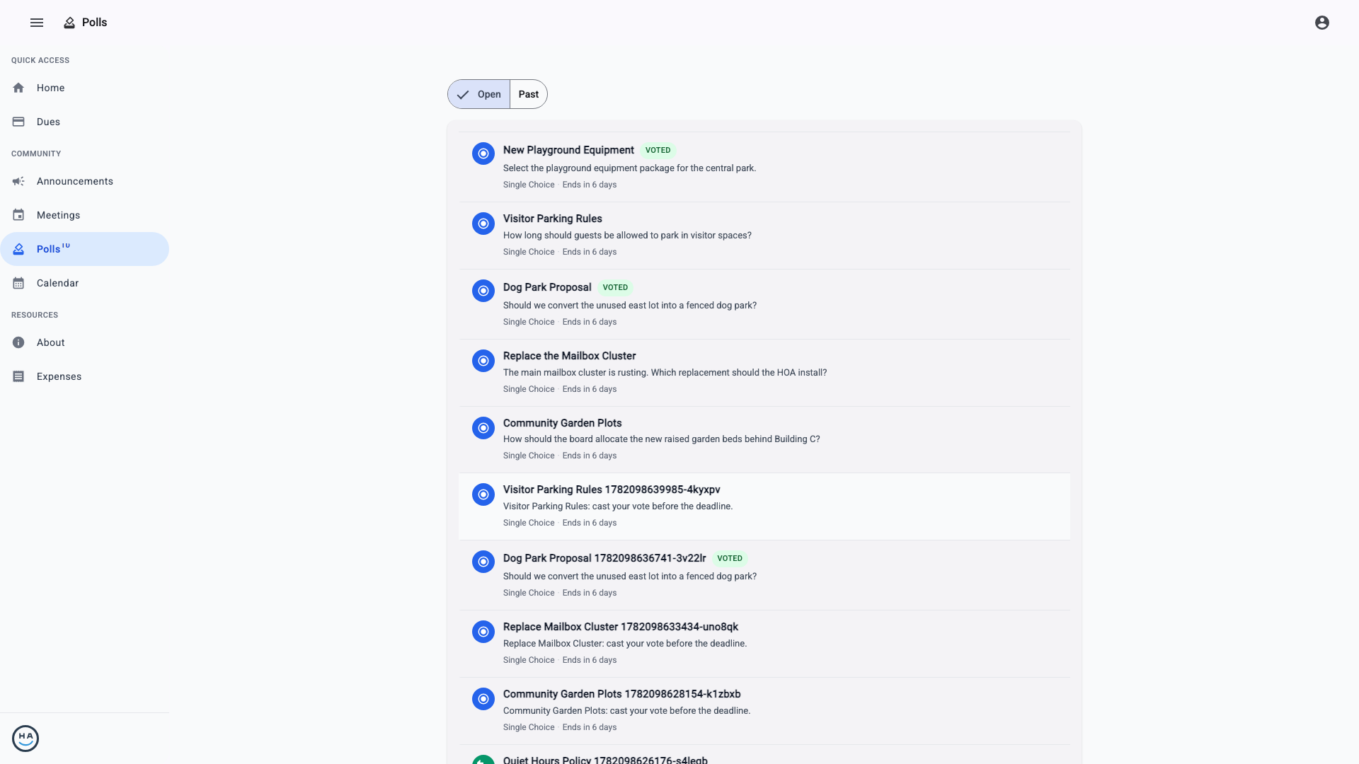 Resident view listing open polls with deadlines and voting status
