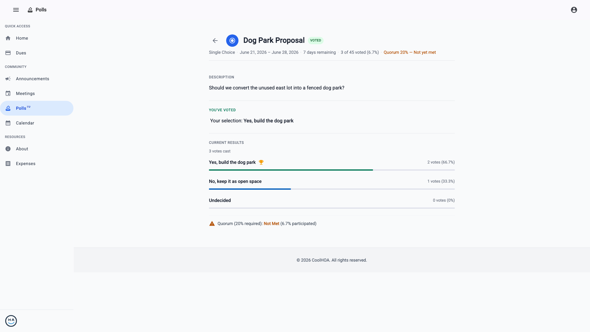 Poll results shown as Material progress bars with the winning option marked by a trophy