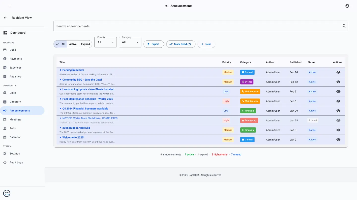 CoolHOA announcements with priority badges and publishing controls