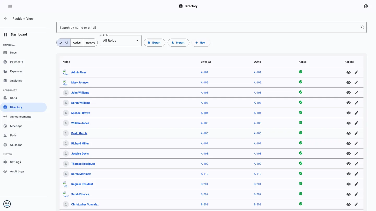 CoolHOA resident directory with filters and household details